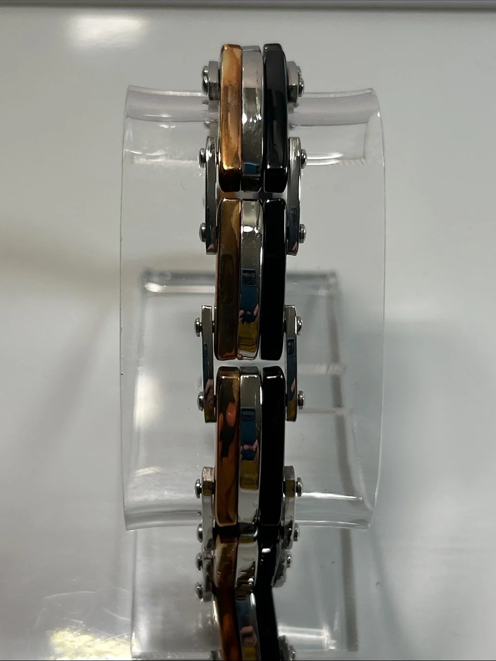 NWT Tri Color Stainless Steel Link Bracelet With Fold Over Clasp